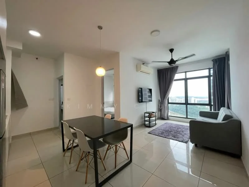 Living features: grey fabric sofa, glass coffee table, TV console, wall-mounted TV, area rug in purple, 5-blade ceiling fan, floor-to-ceiling windows, curtains, marble tile flooring, recessed downlights; style: modern; view: city. Dining features: black dining table, 4 white dining chairs, pendant light above table, marble tile flooring; style: modern. Kitchen features: open kitchen layout, white cabinetry, stainless-steel sink, built-in oven, stove, refrigerator; style: modern.