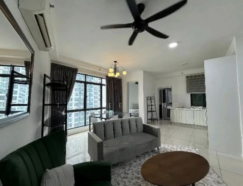Living features: 3-seater fabric sofa in grey, green upholstered accent chair, round wooden coffee table, floor-to-ceiling windows, curtains in dark grey, ceiling fan with light, wall-mounted mirror, open shelving unit, tile flooring, recessed ceiling lights; style: modern; view: city. Kitchen features: white cabinetry, stainless-steel sink, built-in oven, freestanding range oven, countertop with backsplash, tile flooring; style: modern.