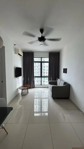 Living features: grey fabric sofa, round coffee table, wall-mounted TV, floor-to-ceiling windows, blackout curtains, 5-blade ceiling fan with light, white painted walls, glossy ceramic tile flooring, air conditioning unit; style: modern; view: city.