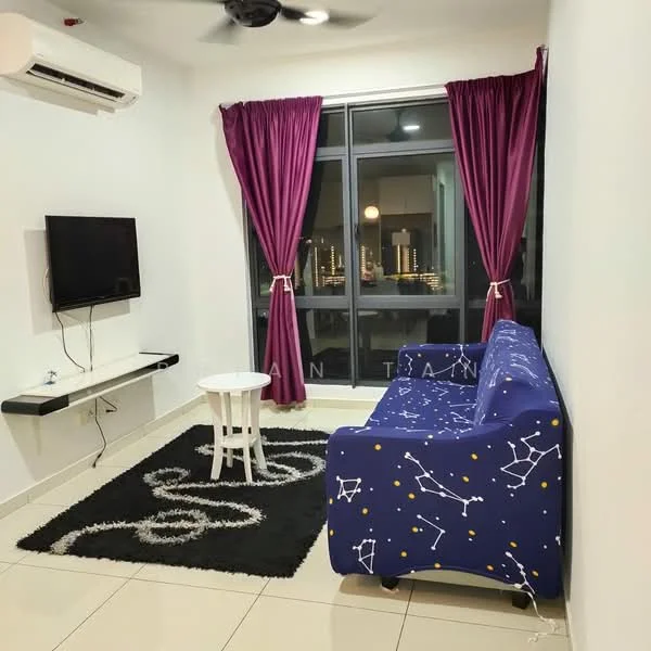 Living features: white painted walls, glossy tile flooring, 5-blade ceiling fan, floor-to-ceiling windows, purple curtains, black area rug with geometric pattern, blue sofa with constellation pattern, white coffee table, wall-mounted TV, TV console, decorative wall art; style: modern; view: city.