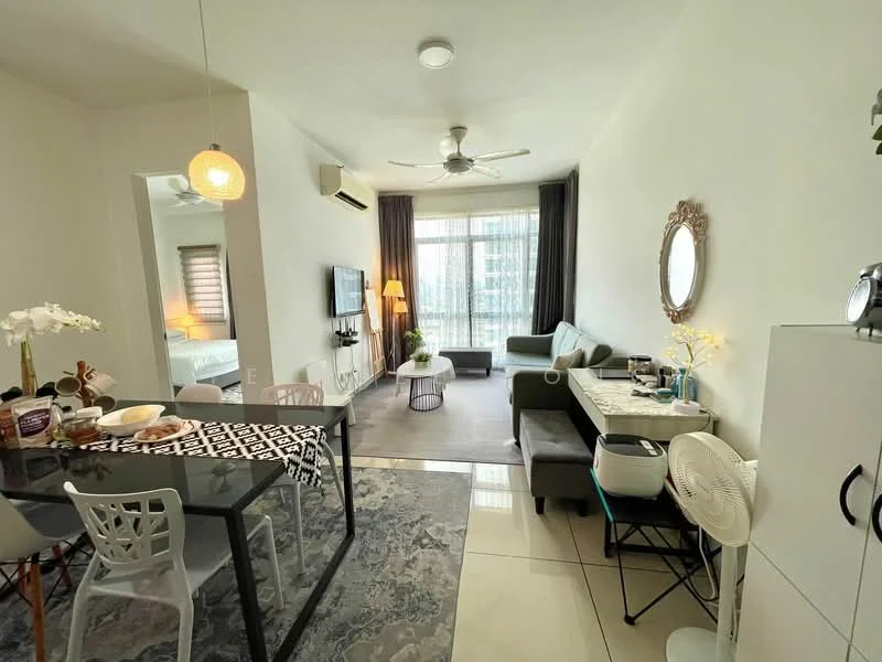 Living features: sofa in light blue, 3-seater fabric sofa, coffee table, TV console, wall-mounted TV, area rug with geometric pattern, 5-blade ceiling fan, floor-to-ceiling windows, curtains, light fixture, decorative mirror, wall clock; style: modern; view: city. Dining features: 6-seater dining table, transparent dining chairs, table runner, decorative centerpiece; style: modern. Room features: white painted walls, tile flooring, air conditioning unit.