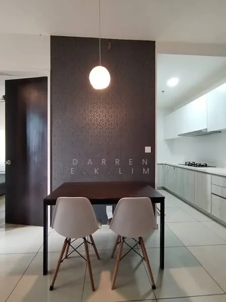 Dining features: dark wood dining table, 2 white plastic dining chairs with wooden legs, grey accent wall with textured pattern, pendant light fixture, tile flooring, open layout to kitchen, wall-mounted cabinetry in kitchen, gas stove visible in kitchen; style: modern.