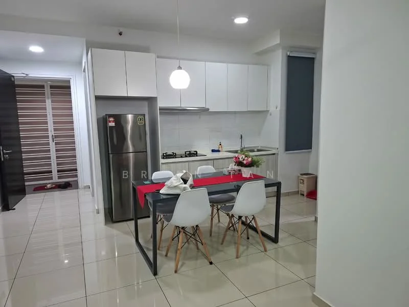 Kitchen features: white cabinetry, stainless-steel fridge, 4-burner gas hob, built-in oven, white tiled backsplash, marble countertop, dining table with red tablecloth, 4 white dining chairs, pendant light above table, floor-to-ceiling window, ceramic tile flooring, recessed downlights; style: modern.