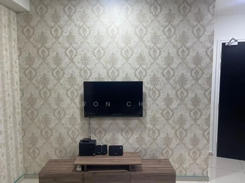 Living features: wallpaper with damask pattern, flat-screen TV mounted on wall, wooden TV console, black speaker system, white tiled flooring, recessed downlights, neutral color scheme, decorative wall paneling; style: modern.