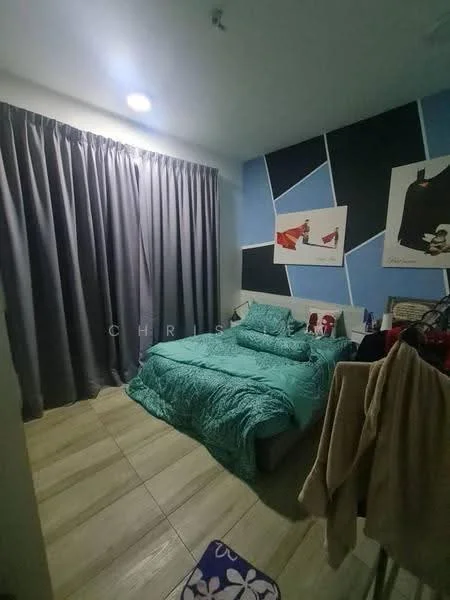 Bedroom features: queen-size bed with teal bedding, grey curtains, wooden flooring, accent wall with geometric design in blue and black, framed artwork on walls, nightstand, decorative items on nightstand, wall-mounted light fixture; style: modern.