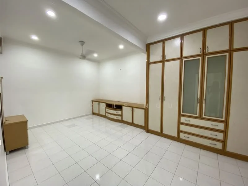 Room features: white painted walls, white ceiling, recessed downlights, 5-blade ceiling fan, white tiled flooring, built-in cabinetry with glass doors, wooden cabinetry with cream finish, TV console, empty wall space, no visible windows; style: modern.