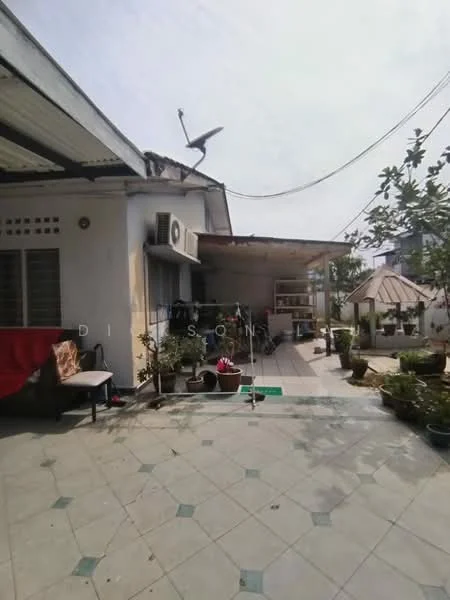 Exterior type: detached bungalow; features: tiled flooring, covered patio area, outdoor seating area with bench, garden with potted plants, satellite dish on roof, air conditioning unit on wall, manicured landscaping, awning over patio, open space for outdoor activities; style: modern.