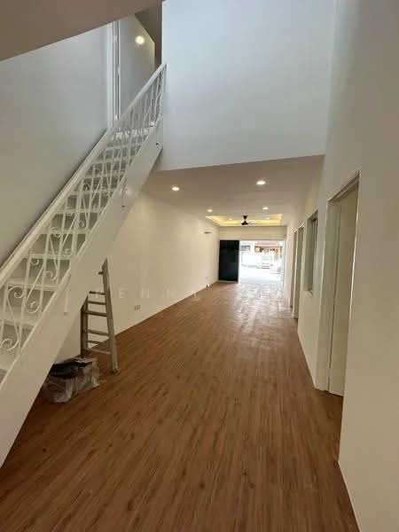 Room features: wooden flooring, white painted walls, recessed downlights, staircase with decorative railing, ceiling fan, large windows, open layout, natural light, doorway leading outside; style: modern.