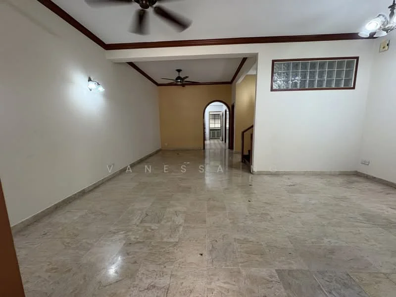 Living features: marble flooring, white painted walls, recessed downlights, 2 ceiling fans, arched doorway, window with grid pattern, neutral color scheme, open layout; style: modern.