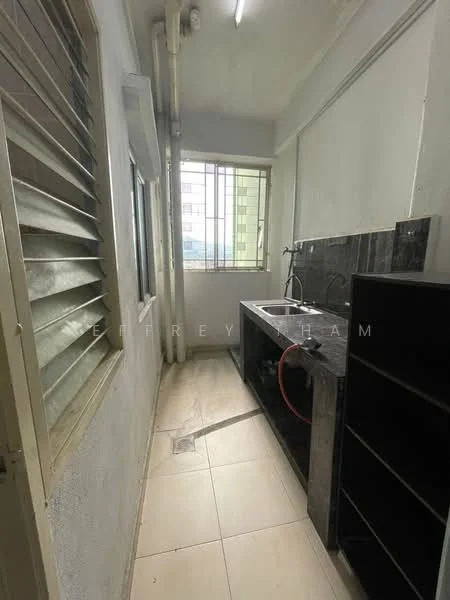 Kitchen features: grey granite countertop, single-bowl stainless-steel sink, chrome pull-down faucet, black cabinetry, white painted walls, tile flooring, window with metal grille, exposed plumbing, overhead fluorescent lighting; style: modern; view: city.
