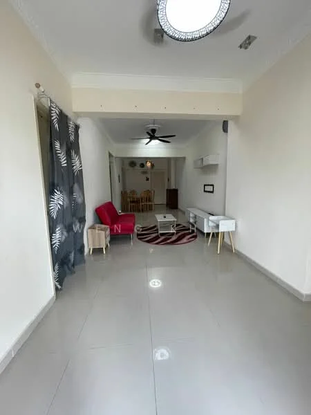 Living features: white painted walls, glossy tile flooring, 5-blade ceiling fan with light, recessed ceiling lights, sofa in red fabric, coffee table, area rug with geometric pattern, TV console with drawers, dining area visible in background, sliding door with sheer curtains; style: modern.