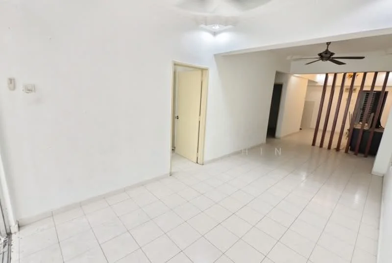 Room features: white painted walls, white tiled flooring, ceiling fan, doorway leading to another room, open layout, natural light from windows, neutral color scheme, no visible furniture; style: minimalist.