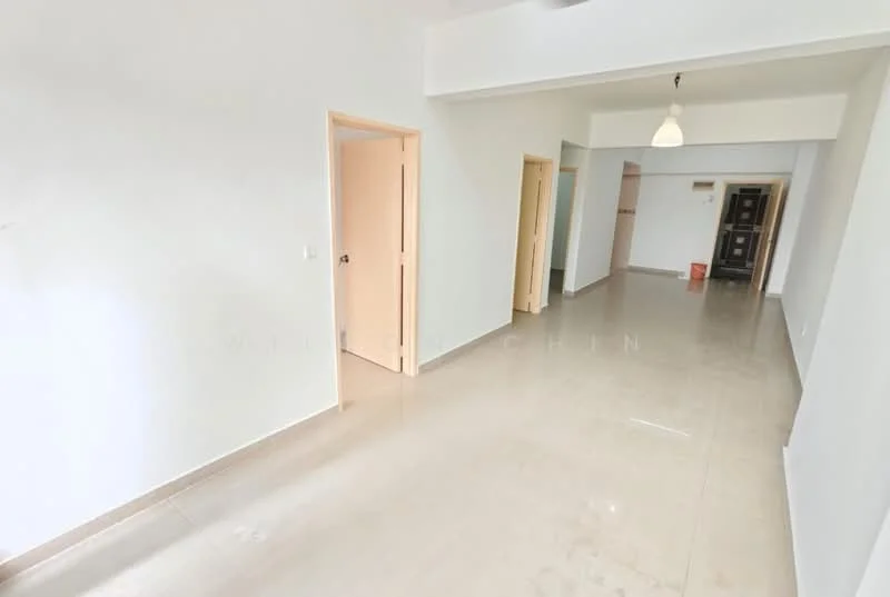 Room features: white painted walls, glossy beige floor tiles, single pendant light fixture, door frames, open layout, natural light from windows, neutral color scheme; style: modern.