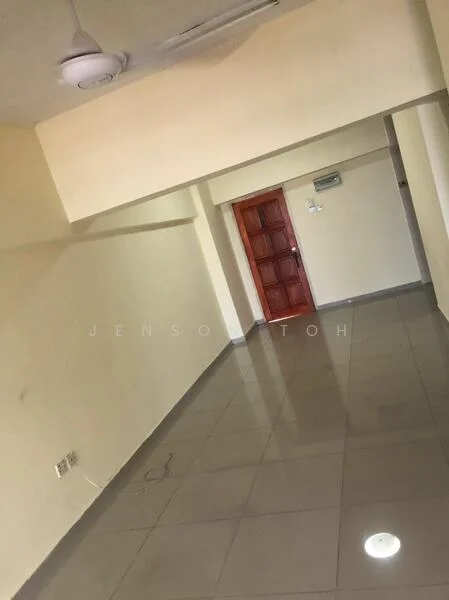Room features: cream painted walls, glossy ceramic tile flooring, ceiling fan, wooden door, wall-mounted air conditioning unit, recessed downlights.