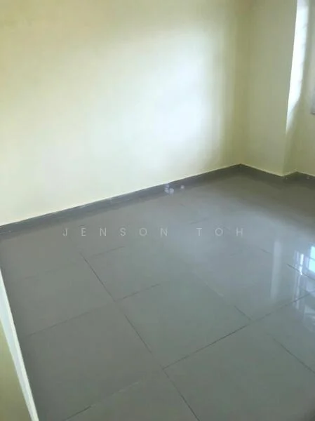 Room features: cream painted walls, glossy ceramic tile flooring, single window with sheer curtains.