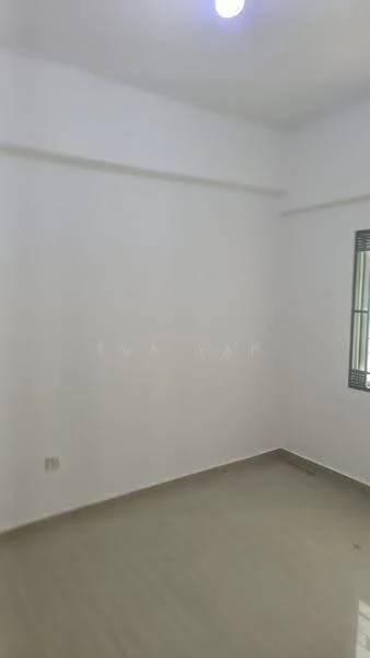 Room features: white painted walls, light-colored flooring, single ceiling light fixture, window with horizontal blinds.