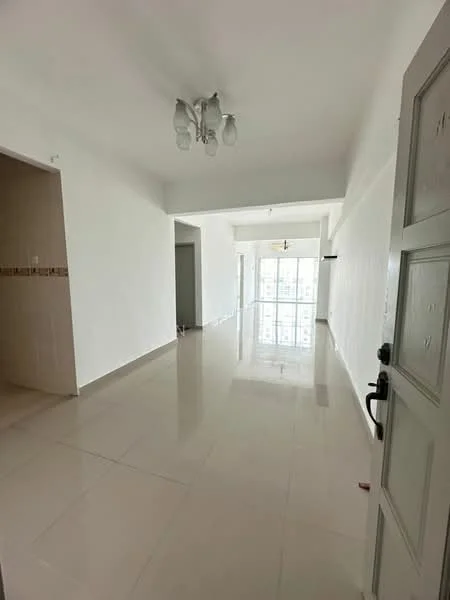 Room features: white painted walls, glossy tile flooring, ceiling light fixture with multiple bulbs, open layout, large windows allowing natural light, neutral color scheme, doorway leading to another room, tile cladding on part of the wall; style: modern.