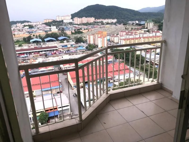 Room features: balcony, tile flooring, metal railing, city view, mountain view; view: city.