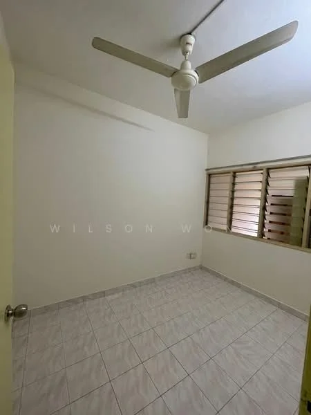 Room features: white painted walls, tiled flooring, ceiling fan, window with wooden slats, neutral color scheme, light source from window, empty space, no visible furniture.