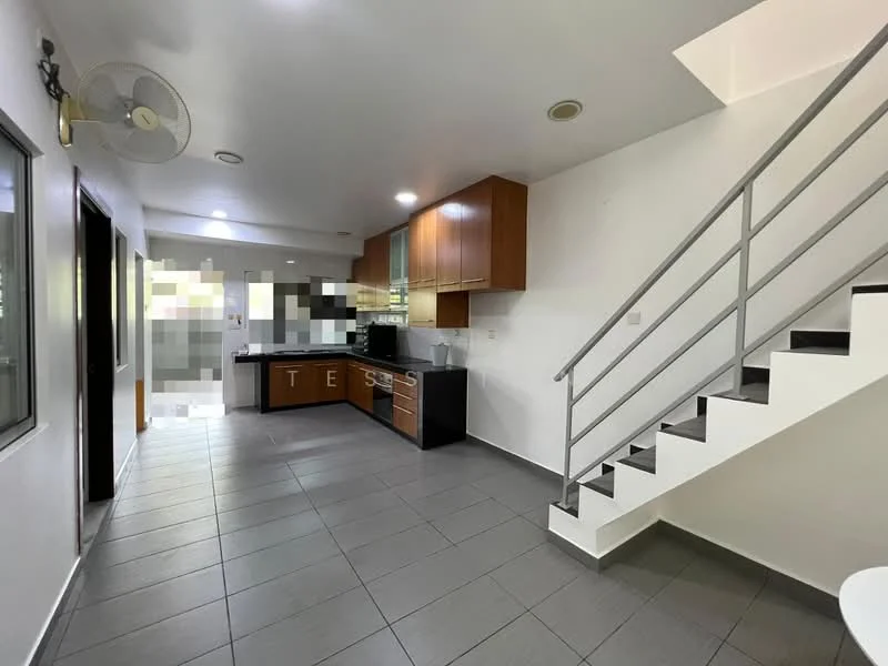 Living features: grey tile flooring, white painted walls, wood cabinetry, black countertop, stainless-steel sink, chrome pull-down faucet, built-in oven, freestanding range oven, refrigerator, 5-blade ceiling fan, staircase with metal railing, large windows, open layout; style: modern.