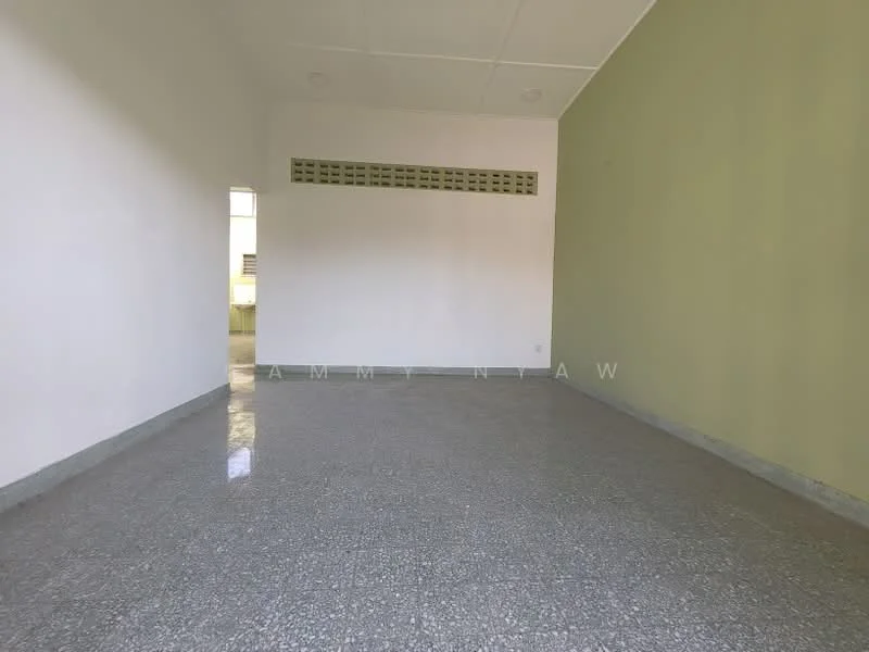 Room features: green painted wall, white painted wall, grey polished flooring, ceiling lights, window with grille, open space layout; style: minimalist.