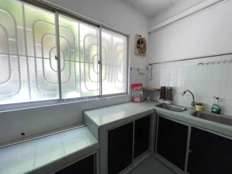 Kitchen features: single-bowl stainless-steel sink, chrome pull-down faucet, green tiled countertop, black cabinetry, white tiled walls, window with metal grille, exhaust fan, kitchen storage area.