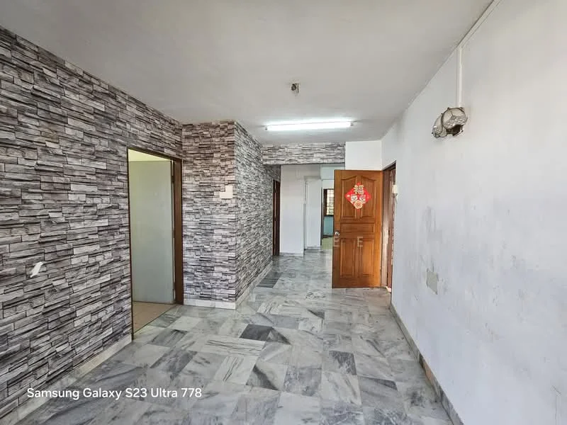 Room features: grey stone feature wall, white painted walls, marble tile flooring, ceiling lights, wooden door, door frames, open layout, multiple doorways; style: modern.