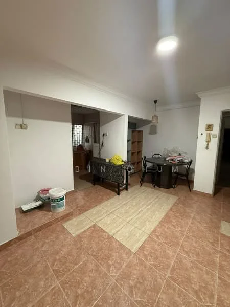 Room features: white painted walls, tile flooring in beige, recessed ceiling lights, dining table with black chairs, open layout, storage shelves, paint cans visible, decorative plant on table; style: modern.