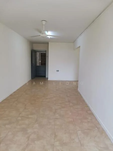 Room features: cream tiled flooring, white painted walls, ceiling fan, single door, window with grille, natural light from window; style: modern.