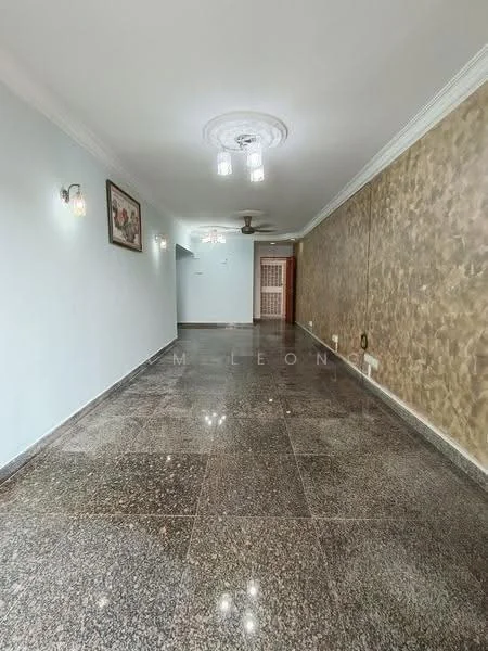 Living features: grey polished granite flooring, cream painted walls, gold accent wall, chandelier, 5-blade ceiling fan with light, wall sconces, framed artwork, crown moulding; style: modern.