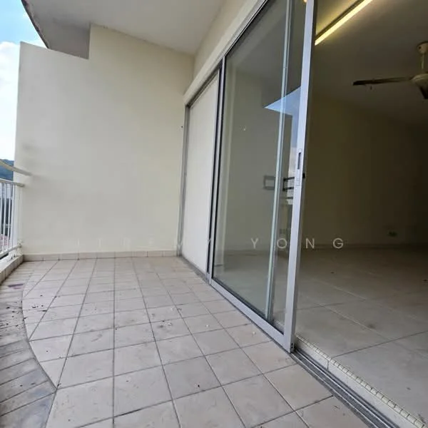 Room features: sliding glass door, floor-to-ceiling windows, tiled flooring, balcony with railing, ceiling fan, neutral wall colour.
