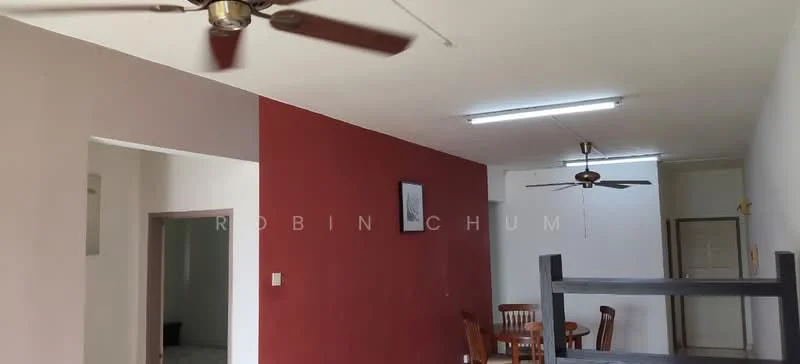 Living features: red accent wall, white painted walls, ceiling fan with 3 blades, LED ceiling lights, wooden dining table, wooden chairs, open layout, flooring not visible; style: modern. Room features: doorway leading to another room, flooring not visible.