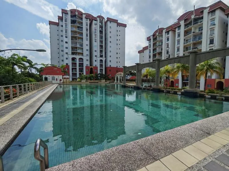 Exterior type: high-rise condominium; features: infinity pool, pool deck with loungers, landscaped garden, palm trees, manicured lawn, surrounding high-rise buildings, walkway beside pool, water feature, outdoor lighting, balconies on upper floors; style: modern.