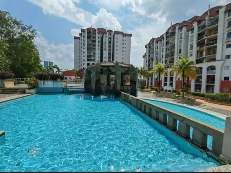 Exterior type: mid-rise condominium; features: swimming pool with water features, landscaped garden area, palm trees, manicured lawn, multiple-storey residential buildings, outdoor seating area, waterfall feature, blue tiled pool, surrounding greenery; style: modern.