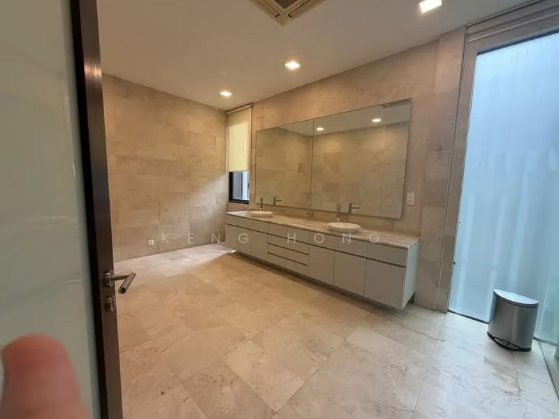 Bathroom features: double-sink vanity with grey cabinetry, large framed mirror, stone tile flooring, neutral stone wall cladding, recessed downlights, window for natural light, modern faucets, waste bin, sliding glass door, minimalist design; style: modern.