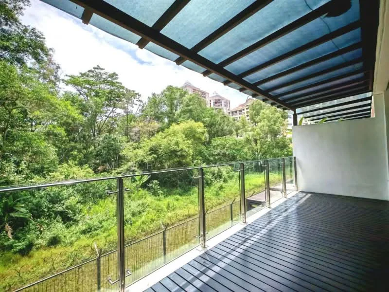 Room features: wooden decking, glass railing, overhead awning, greenery view, outdoor space, partially covered area; style: modern; view: garden.