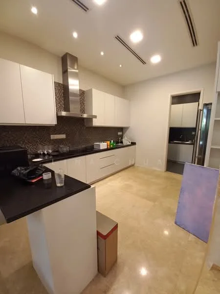 Kitchen features: white flat-panel cabinets, black granite countertop, stainless-steel range hood, built-in oven, freestanding refrigerator, ceramic tile backsplash, marble tile flooring, recessed downlights, single-bowl stainless-steel sink, chrome pull-down faucet; style: modern.