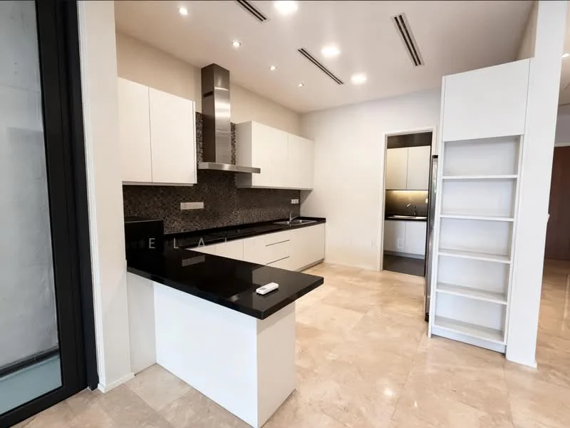 Kitchen features: white flat-panel cabinets, black granite countertop, stainless-steel range hood, built-in oven, 4-burner gas hob, mosaic tile backsplash, double-bowl stainless-steel sink, recessed LED downlights, marble tile flooring, open shelving, kitchen island; style: modern.