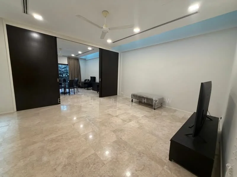 Living features: marble tile flooring, white painted walls, 5-blade ceiling fan, recessed downlights, wall-mounted TV, TV console, large windows with sheer curtains, black accent wall, sofa, dining area visible in background; style: modern.