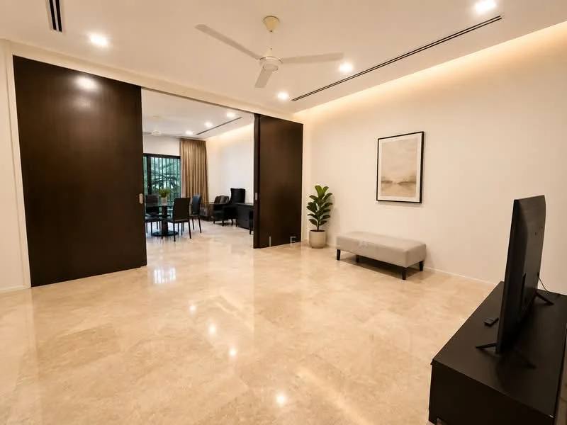 Living features: marble tile flooring, white painted walls, recessed downlights, 5-blade ceiling fan, sliding door to balcony, large windows with view, TV console, sofa, decorative plant, wall-mounted TV; style: modern; view: garden. Dining features: dining table, upholstered dining chairs, large windows, curtains; style: modern; view: garden.