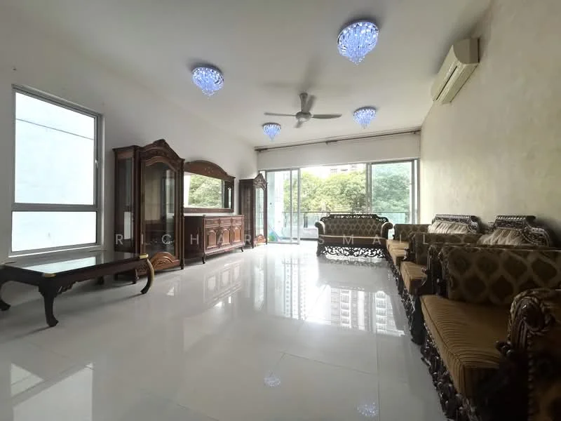 Living features: white painted walls, glossy white tile flooring, 5-blade ceiling fan, chandelier lighting, large floor-to-ceiling windows, sliding glass door, wooden coffee table, ornate wooden furniture, upholstered seating, decorative wall paneling, air conditioning unit; style: modern; view: garden.
