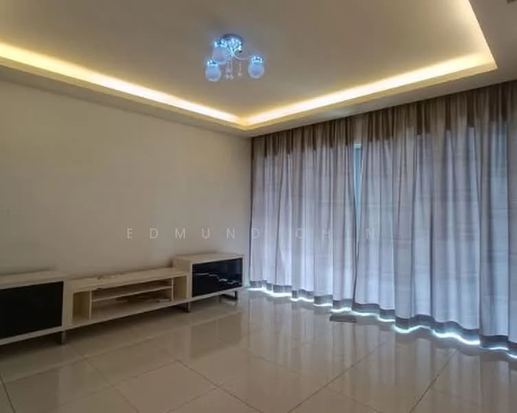 Living features: white painted walls, glossy tile flooring, recessed ceiling lights, chandelier, floor-to-ceiling windows, sheer curtains, dark wood TV console, light wood shelving unit; style: modern.