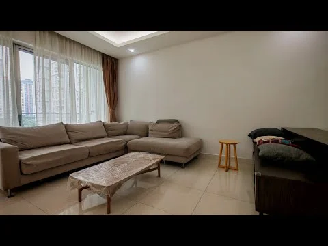 Living features: L-shape sectional sofa in beige, coffee table with glass top, floor-to-ceiling windows, sheer curtains, white painted walls, recessed downlights, tile flooring, decorative throw pillows, small wooden stool, TV console; style: modern; view: city.