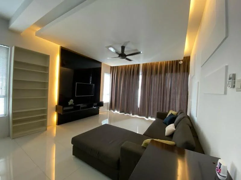 Living features: grey fabric L-shape sectional sofa, black wall-mounted TV unit, floor-to-ceiling windows, sheer curtains, dark wood coffee table, white painted walls, recessed LED downlights, 5-blade ceiling fan with light, glossy white tile flooring, built-in shelving unit; style: modern.