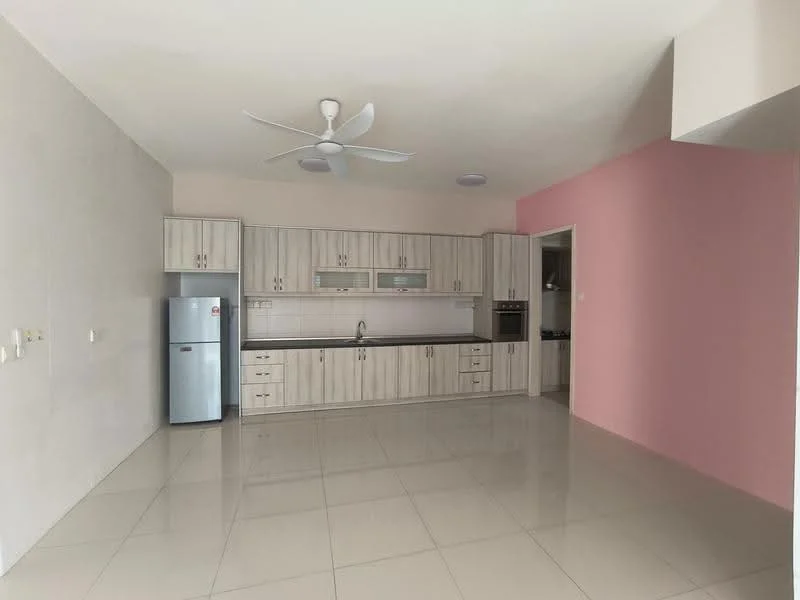 Kitchen features: light wood cabinetry, white countertop, single-bowl stainless-steel sink, chrome pull-down faucet, built-in oven, stainless-steel fridge, ceramic tile flooring, ceiling fan, white walls, pink accent wall, open layout; style: modern.