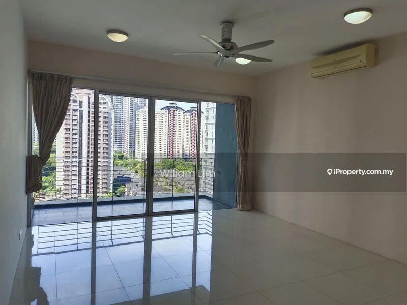 Living features: white painted walls, glossy ceramic tile flooring, 5-blade ceiling fan with light, recessed LED downlights, floor-to-ceiling sliding glass door, curtains, wall-mounted air conditioning unit, city view; style: modern; view: city.