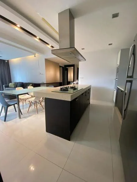 Kitchen features: island kitchen with countertop, black cabinetry, white marble countertop, stainless-steel gas hob, stainless-steel range hood, built-in oven, refrigerator, white tiled flooring, recessed downlights, pendant lighting, dining table with chairs, grey dining chairs, wooden dining table, open layout to living area; style: modern.