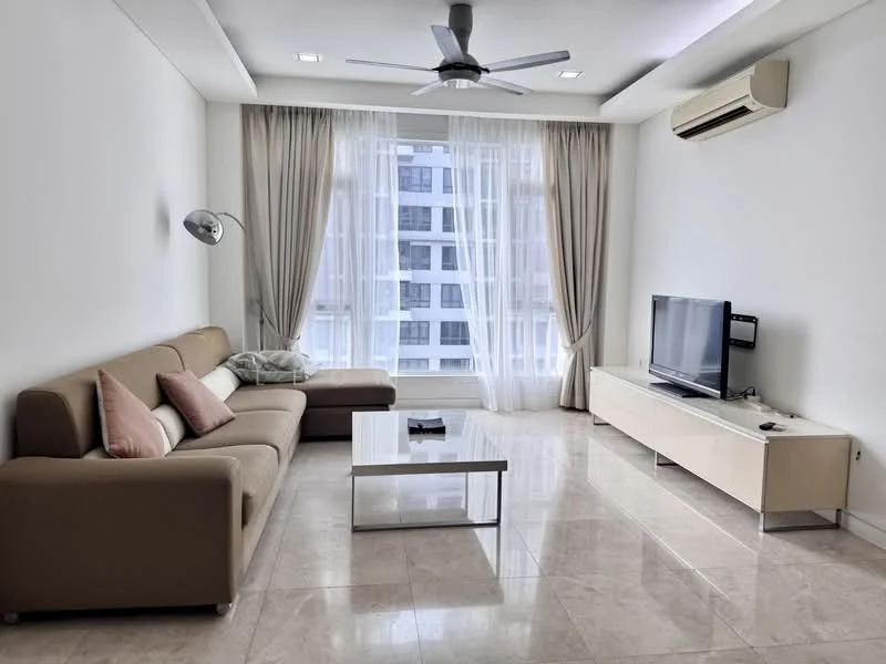 Living features: 3-seater fabric sofa in beige, 2 decorative pillows in pink, glass coffee table, TV console in white, wall-mounted TV, floor-to-ceiling windows, sheer curtains, dropped ceiling with recessed lighting, 1 wall-mounted split AC, marble tile flooring, decorative wall lamp; style: modern; view: city.