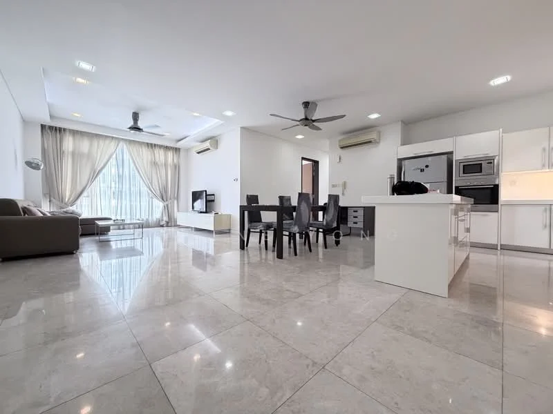 Living features: marble tile flooring, white painted walls, tray ceiling with recessed downlights, 5-blade ceiling fan, floor-to-ceiling windows, sheer curtains, L-shape sectional sofa in grey, coffee table, TV console, wall-mounted TV, area rug, dining table with 6 chairs, open kitchen layout, stainless-steel appliances, kitchen island; style: modern; view: city.