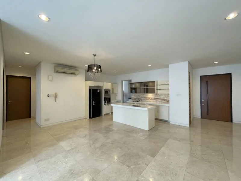 Kitchen features: marble tile flooring, white painted walls, recessed downlights, island countertop, stainless-steel fridge, built-in oven, freestanding range oven, kitchen cabinetry with glass fronts, double-bowl stainless-steel sink, chrome pull-down faucet, open shelving, wall-mounted split AC; style: modern. Living features: marble tile flooring, white painted walls, recessed downlights, ceiling chandelier, open layout, wall-mounted phone, door to hallway; style: modern.